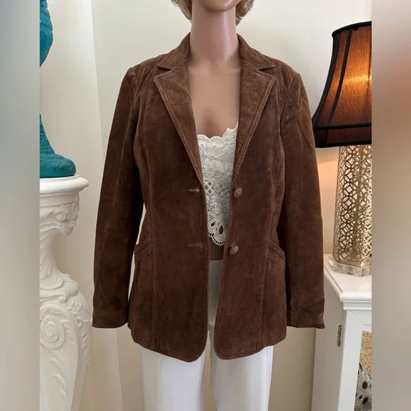 Brown Suede Women's Blazer Jacket - Classic Tailored Style - Picture 7 of 12